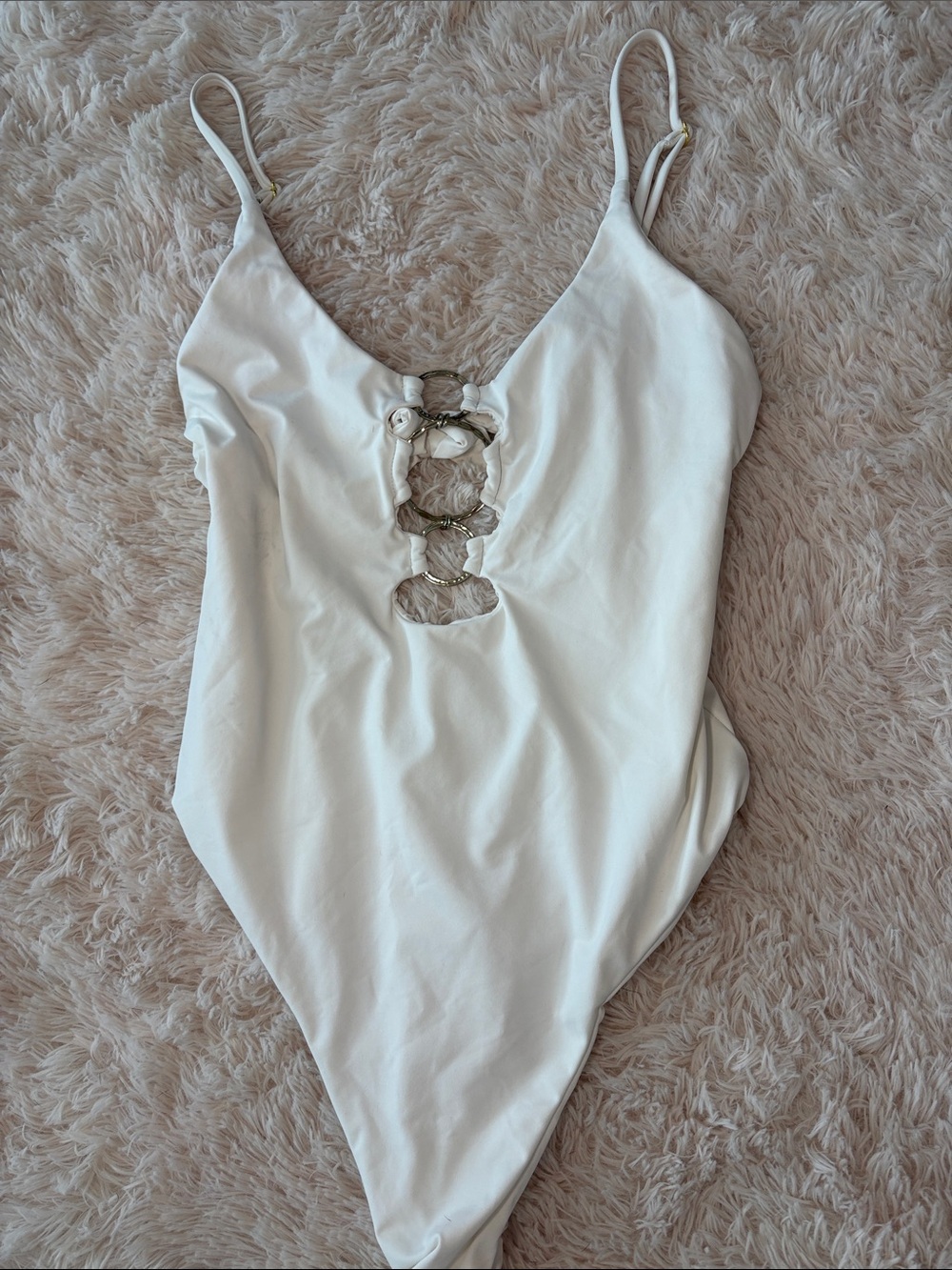 Beach Bunny White One-Piece Swimsuit with silver Rings
